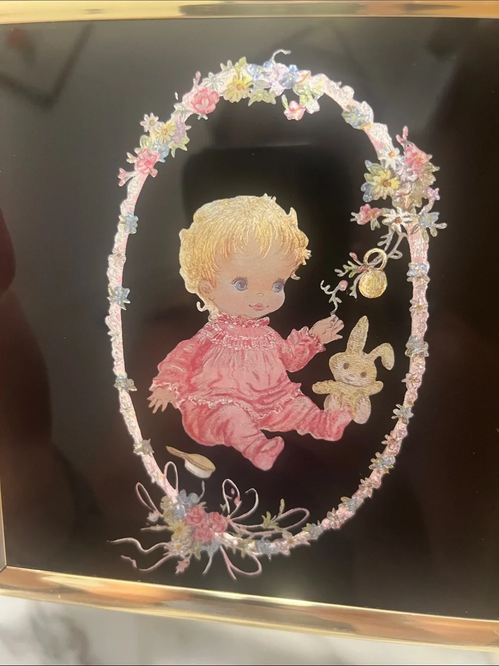 Vintage Kafka Screened Etching Framed Print with Baby Girl